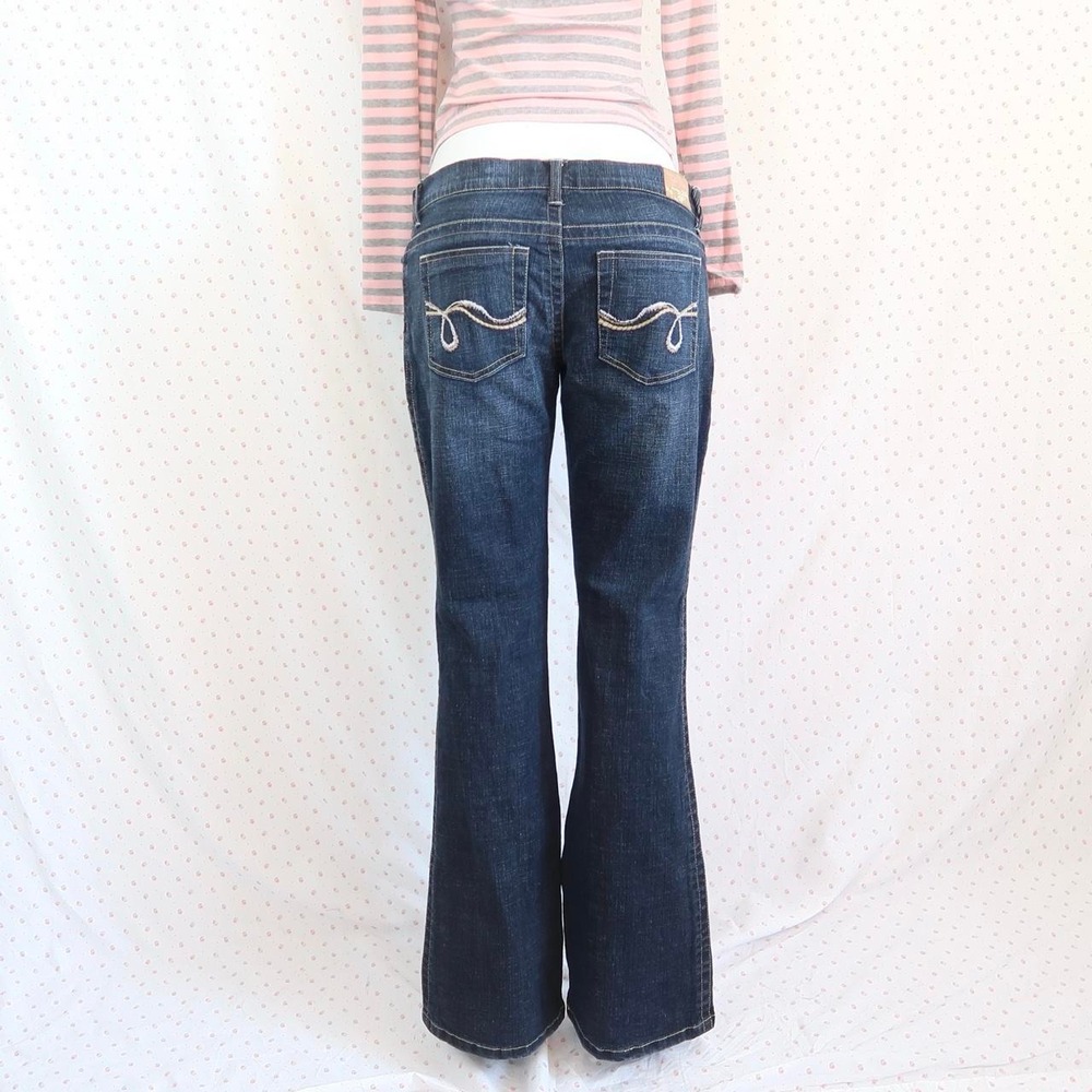 vintage y2k dark wash embroidered pocket flare jeans